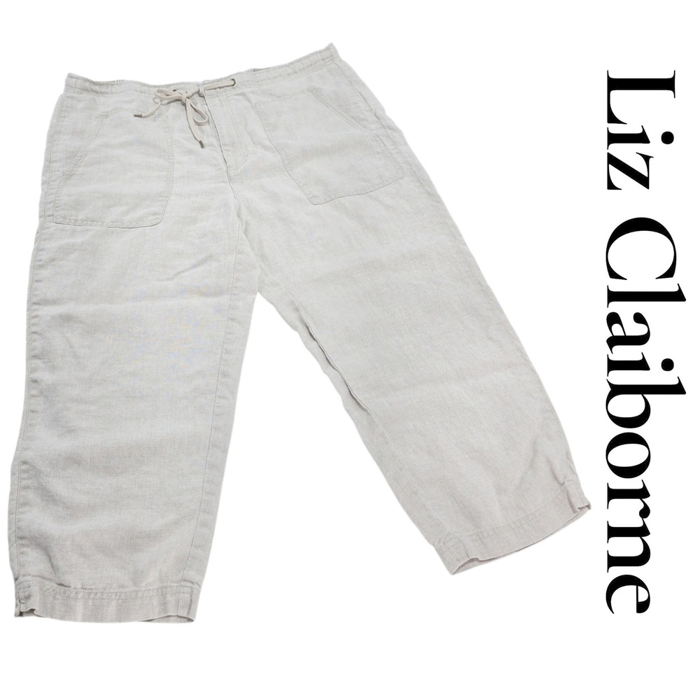 Liz Claiborne Lizwear Pants Women 14 Beige Linen Cropped Drawstring Boho Coastal